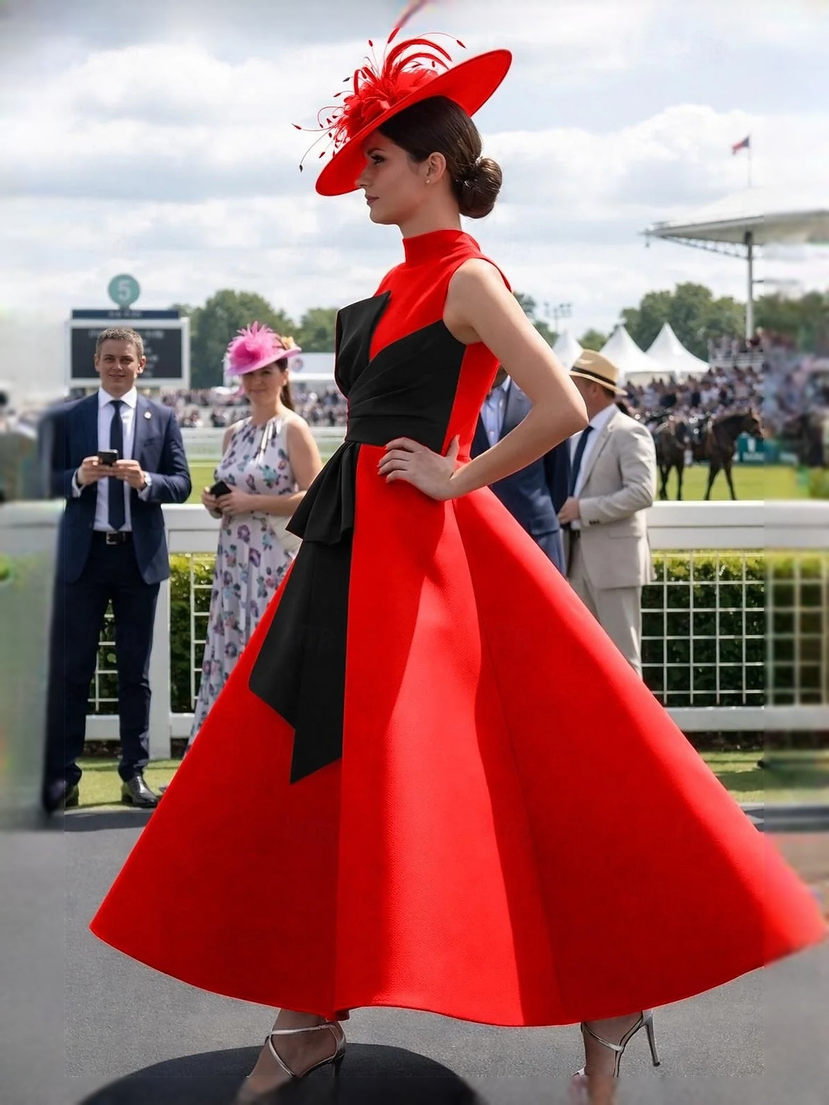 Red and black satin A-line midi prom dress with high neckline and side sash