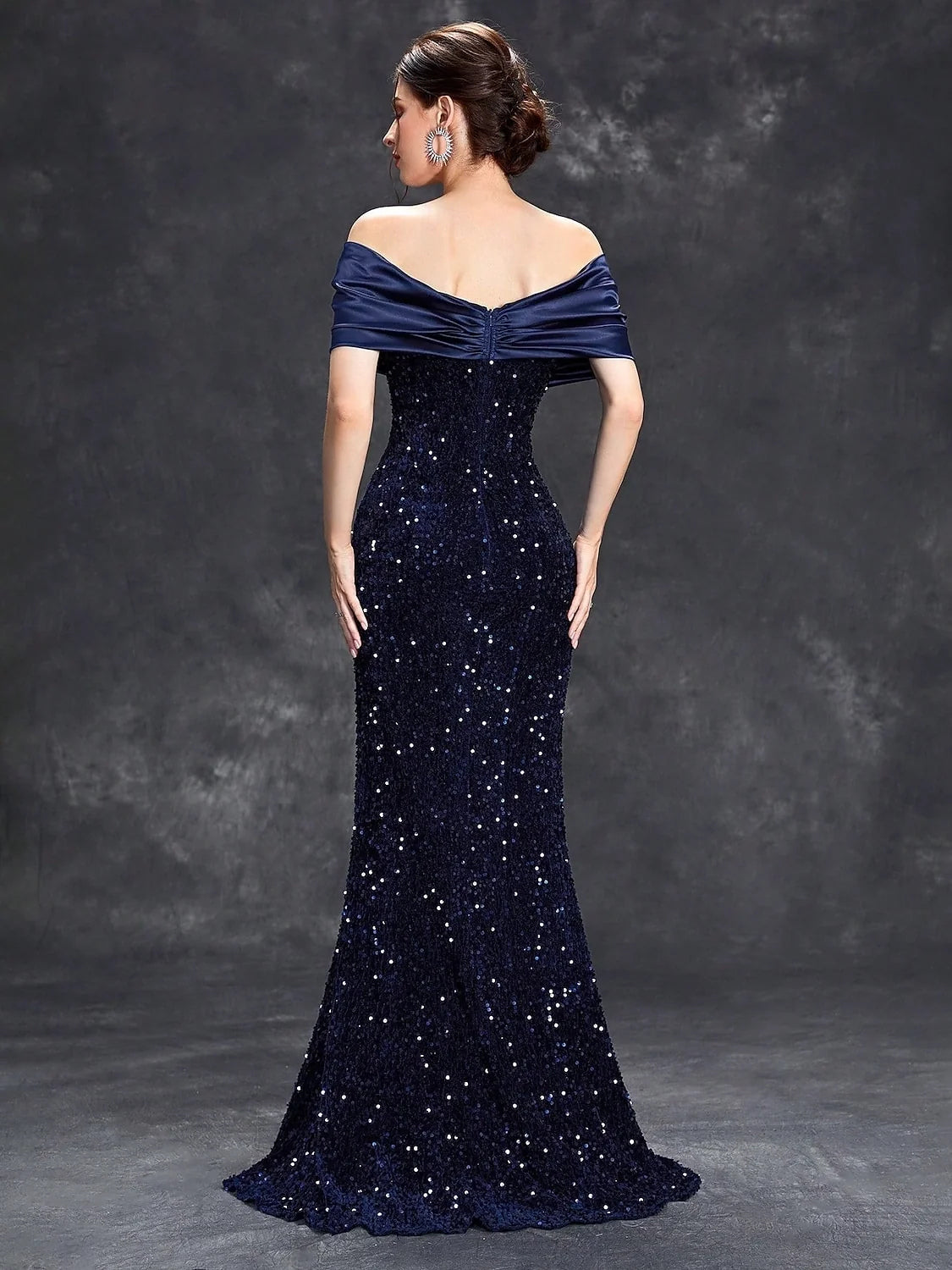 Dark navy off-shoulder mermaid sequin prom dress, draped satin wrap back