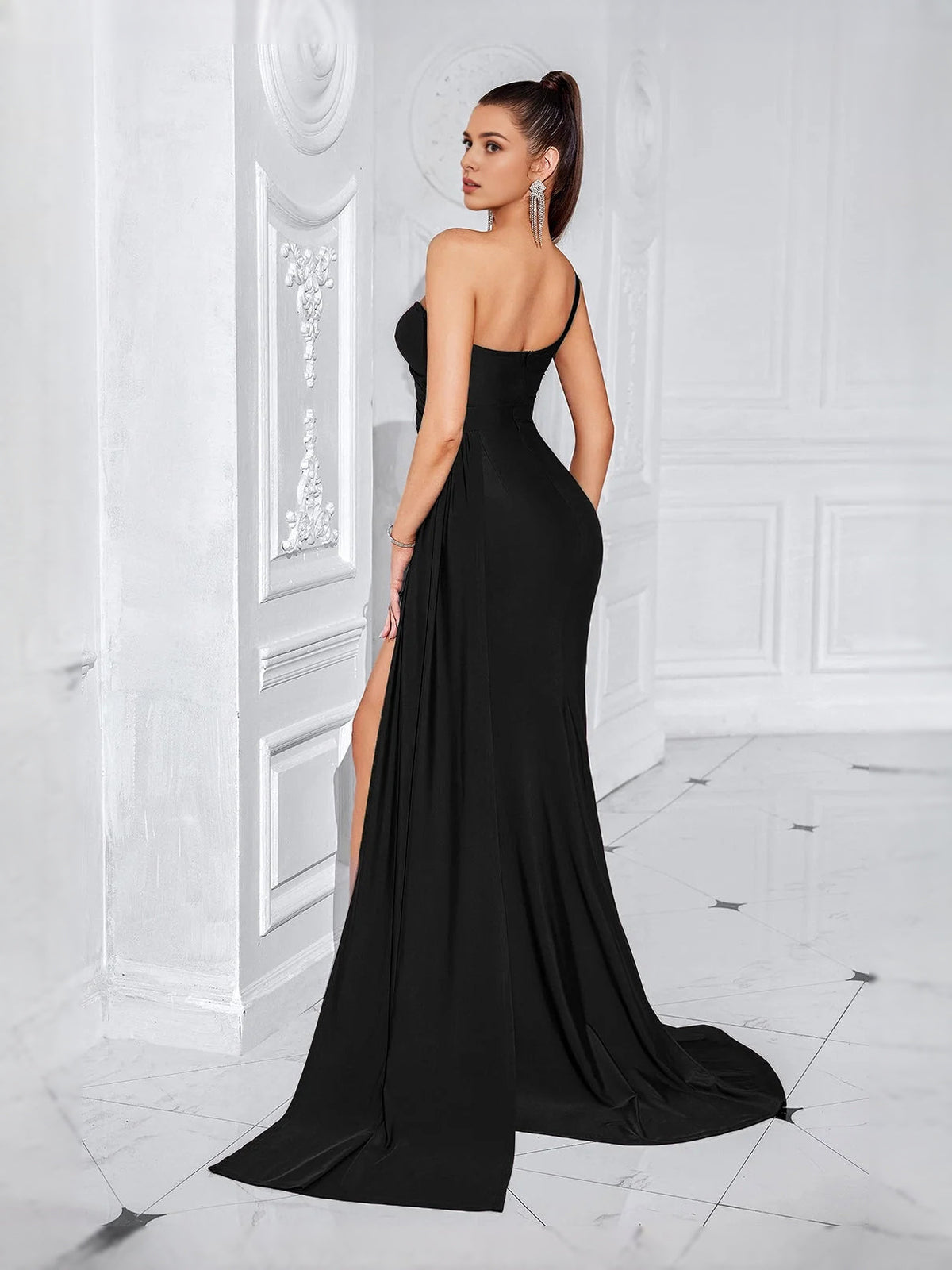 Black one-shoulder mermaid prom dress with draped skirt and front slit, floor length