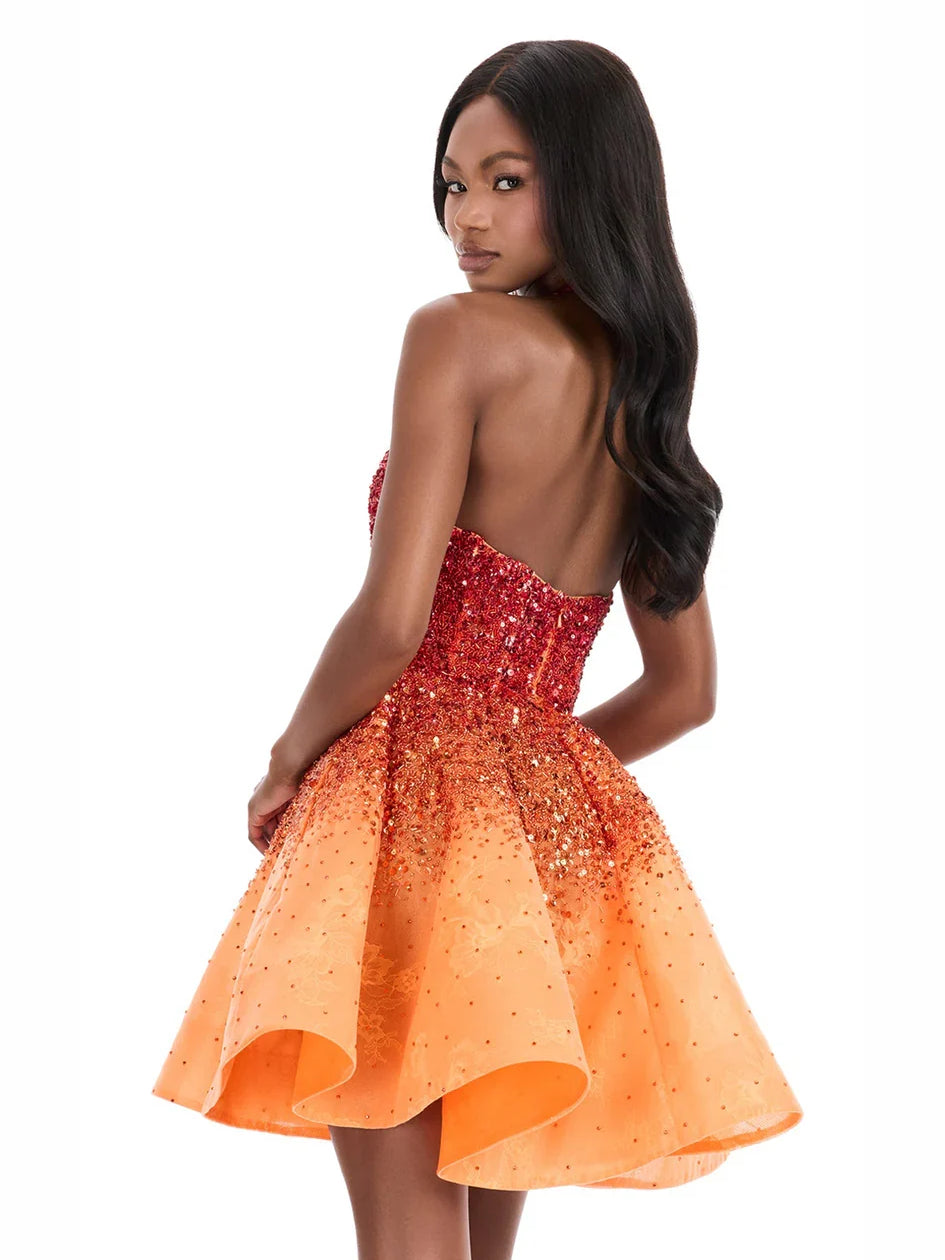 Sequin halter-neck A-line mini dress with red-to-orange ombré and open back