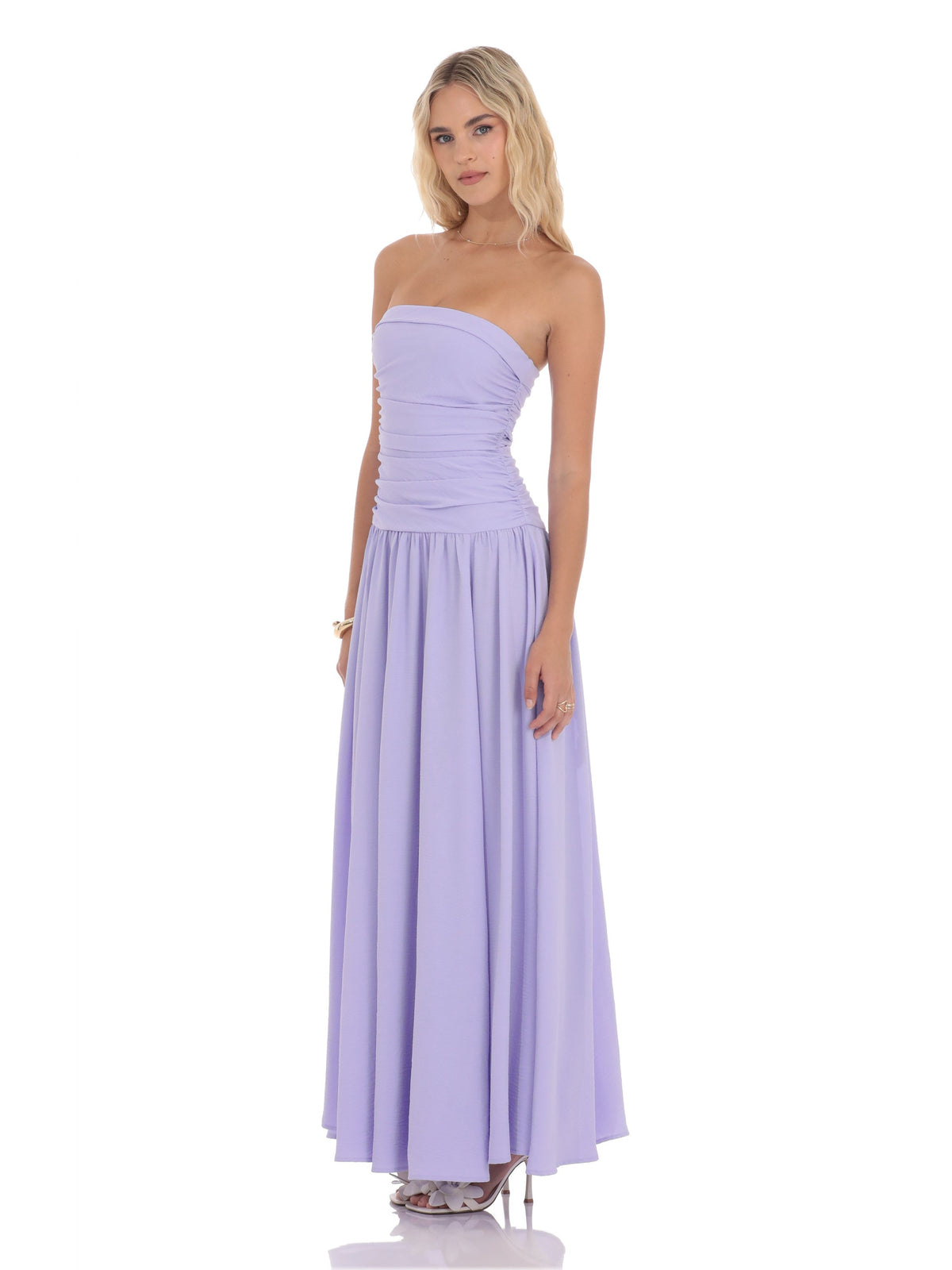 Lavender bridesmaid dress with structured woven fabric construction and maxi hem