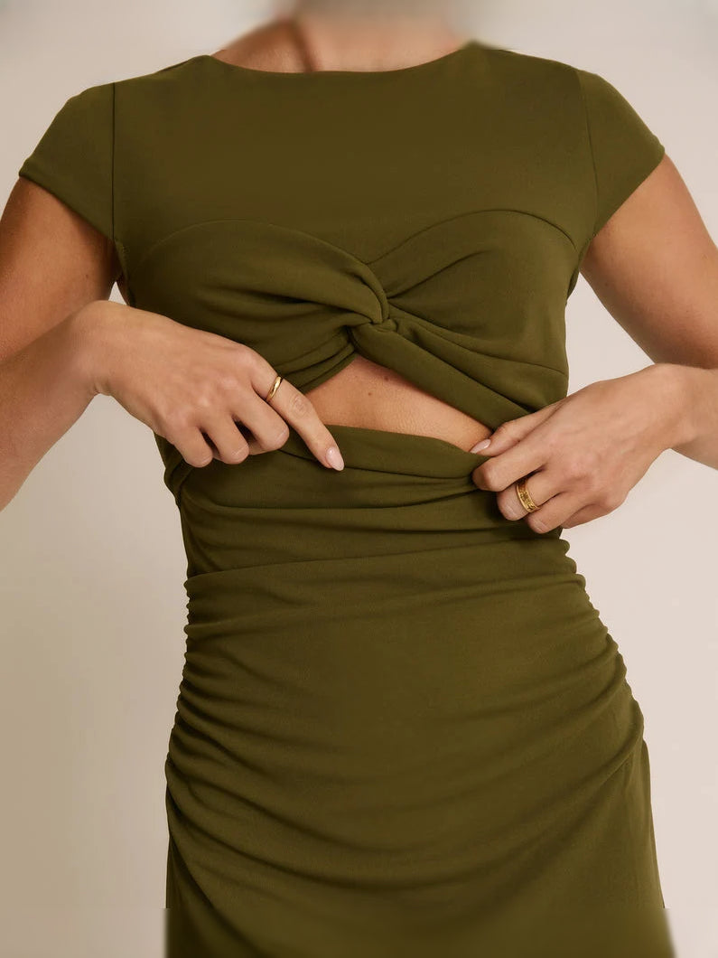 Olive green fitted midi dress close-up of ruched waist knot and gathered fabric