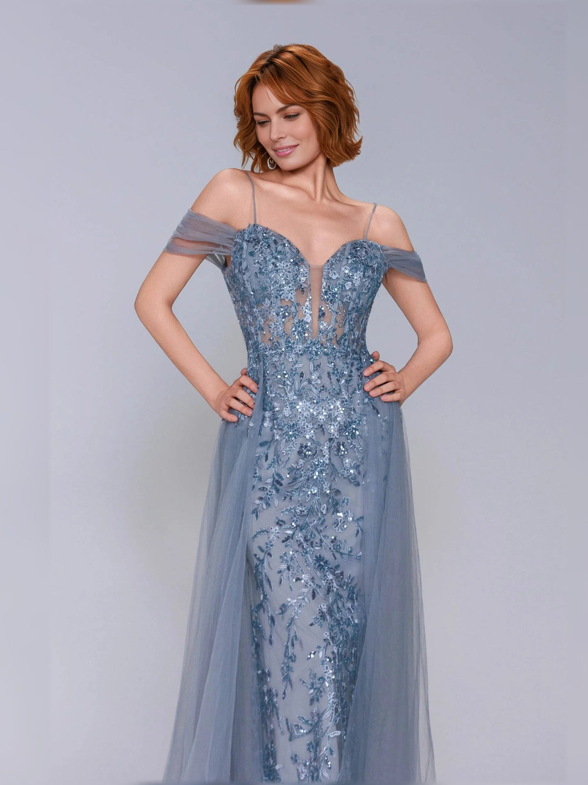 Dusty blue off-shoulder corset formal dress with sequined bodice and tulle skirt