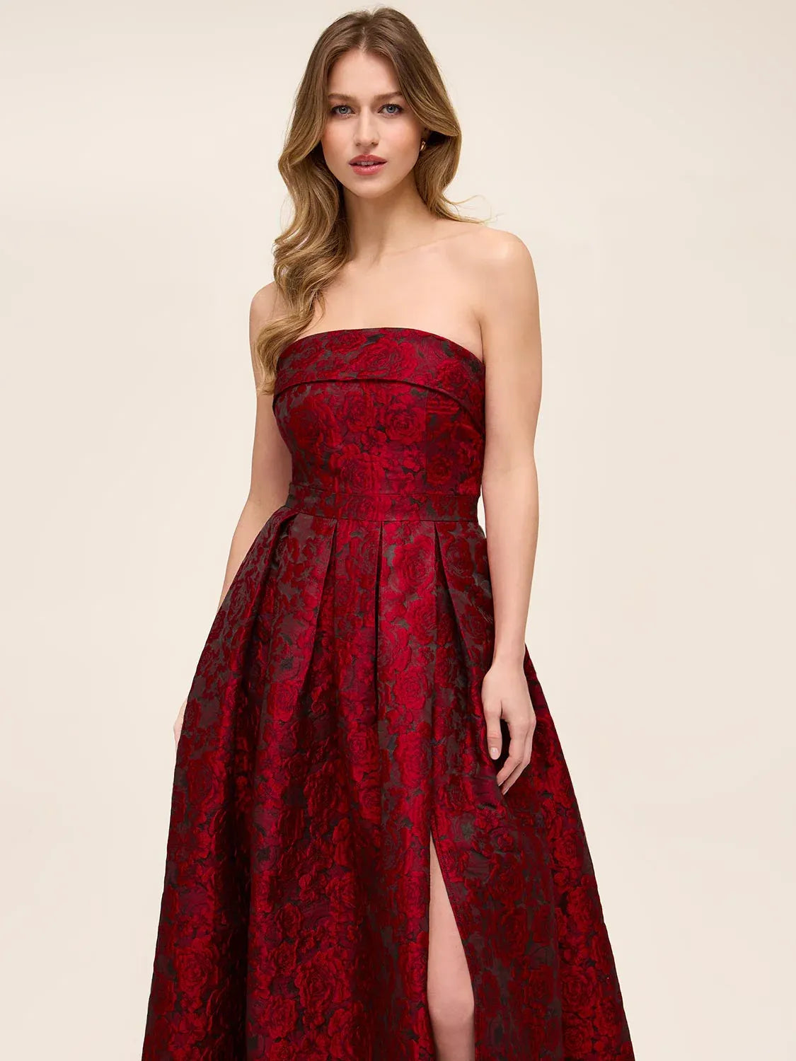 Deep red floral print strapless formal dress, sweetheart neckline and front slit