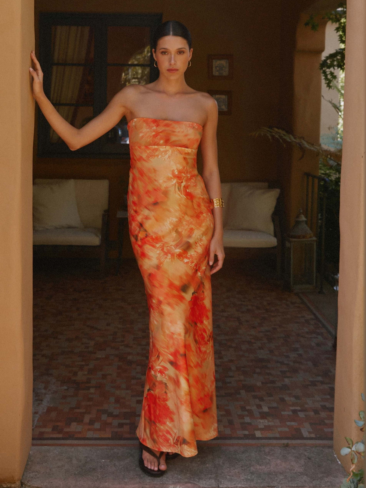 Orange Floral Print maxi formal dress, alternate full-length view showing the waistline