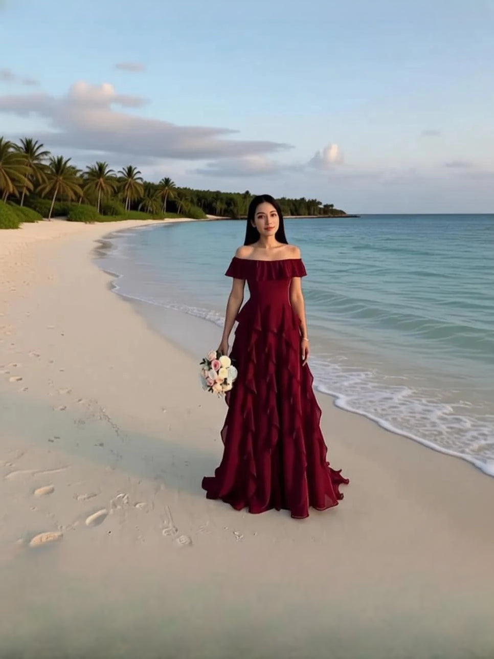 Draped ruffled off-shoulder chiffon maxi A-line dress in burgundy