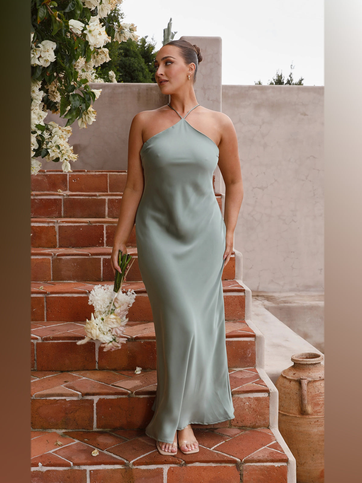 Green maxi formal dress, alternate full-length view showing the waistline