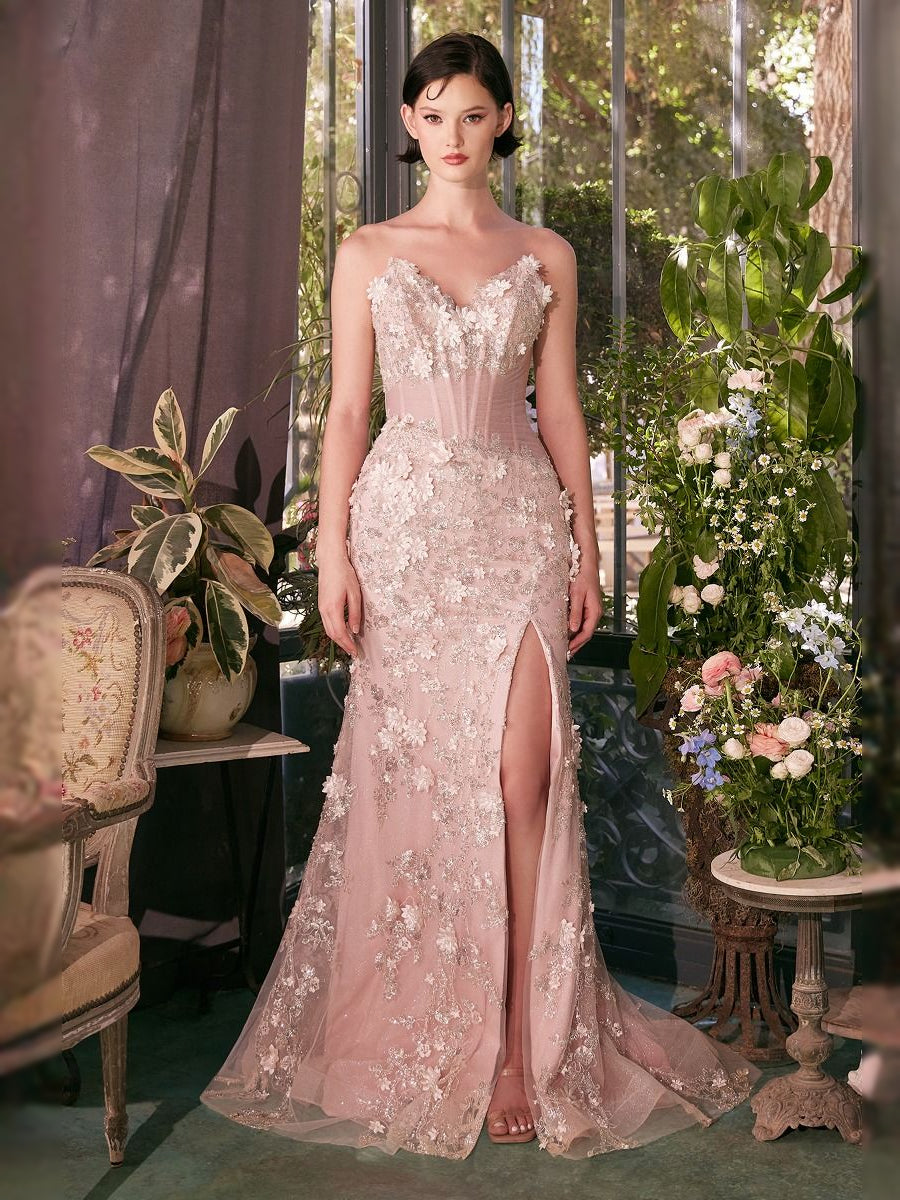 Blush pink strapless mermaid prom dress with floral beading and thigh-high slit
