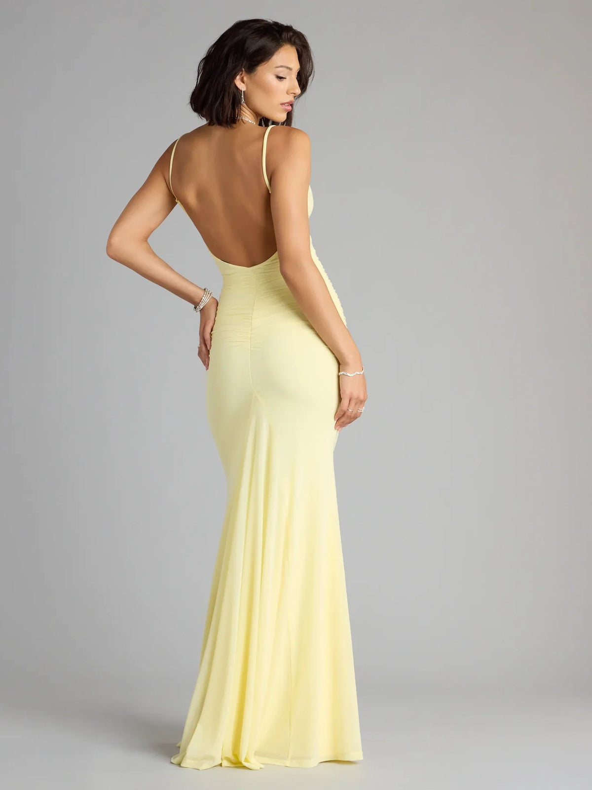 Yellow formal dress, open back, ruched detailing, spaghetti straps, floor-length