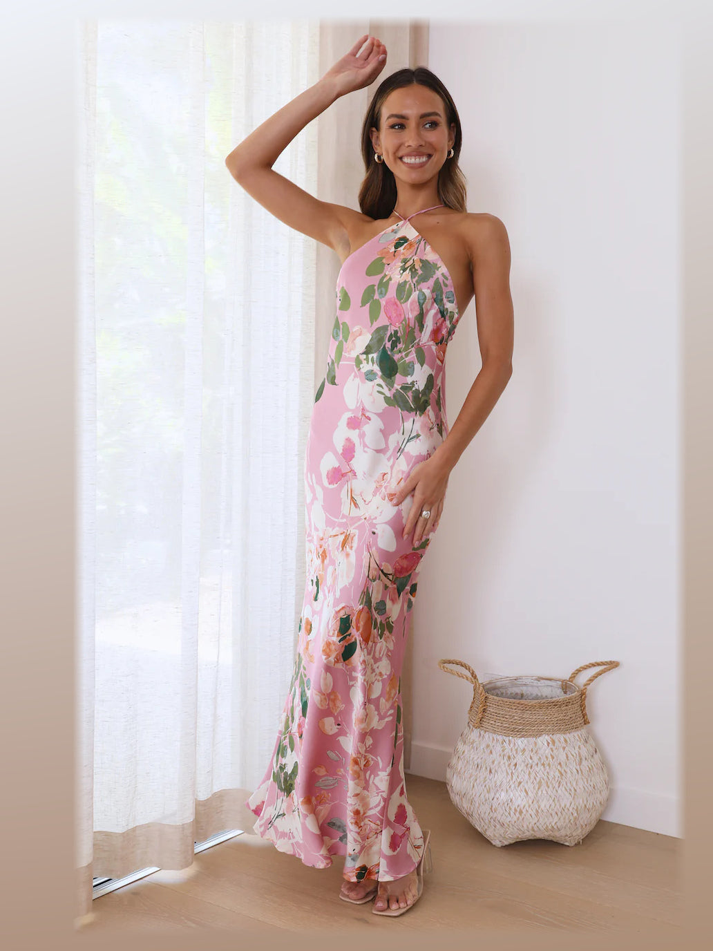 Pink maxi formal dress, alternate full-length view showing the waistline