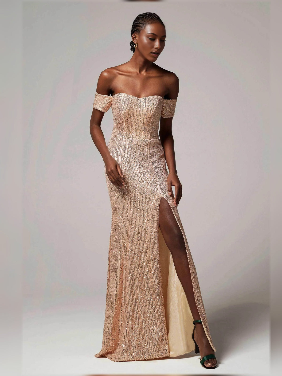 Rose gold off-the-shoulder corset slit floor-length formal dress with shimmering sequins