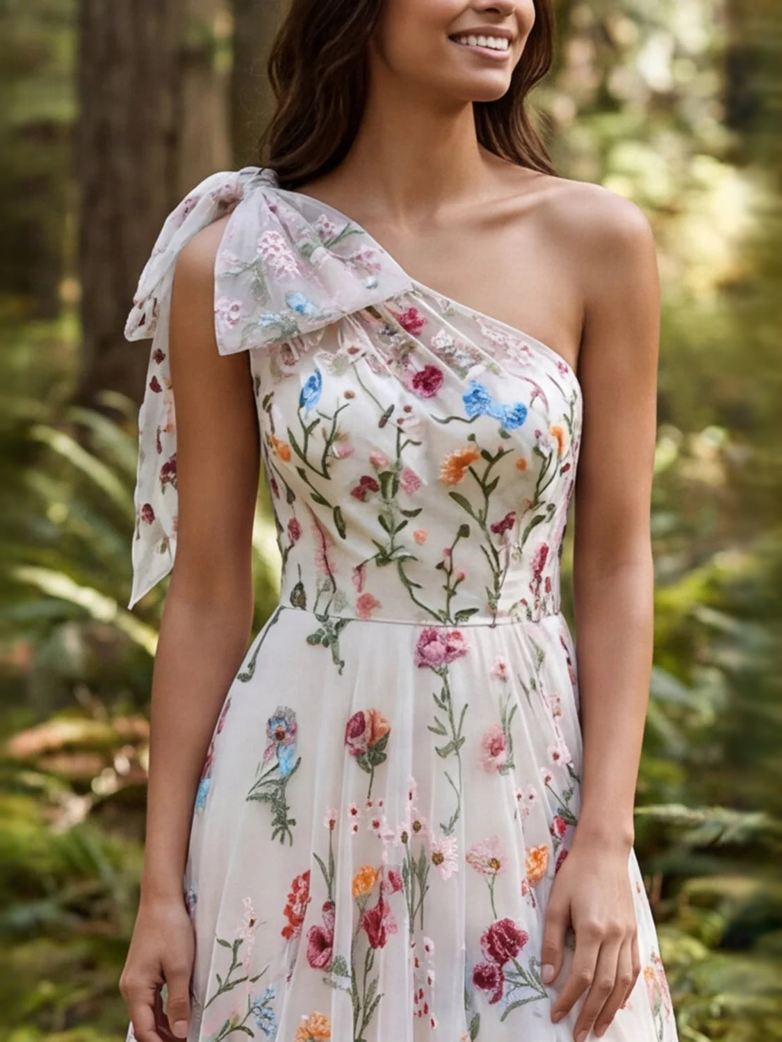 Ivory one-shoulder floral tulle dress with gathered bodice and ruffled shoulder detail