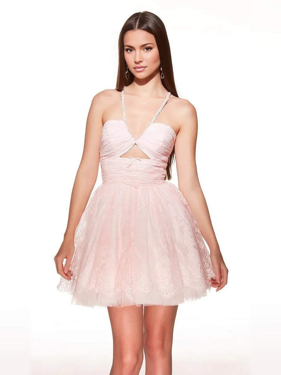 Blush pink tulle homecoming dress with halter neckline, ruched bodice, ruffled A-line skirt