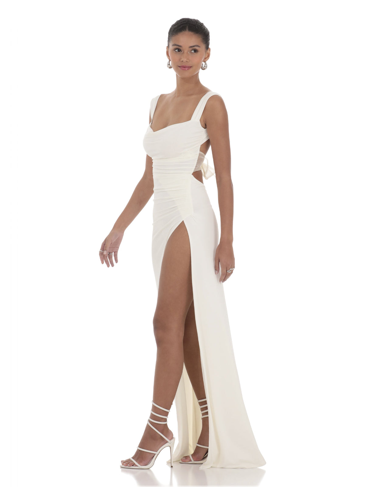 White bridesmaid dress with structured woven fabric construction and maxi hem