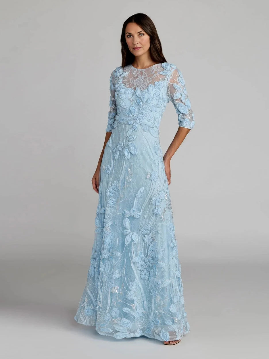 Sky blue embroidered floral chiffon sheath dress with V-neck and three-quarter sleeves