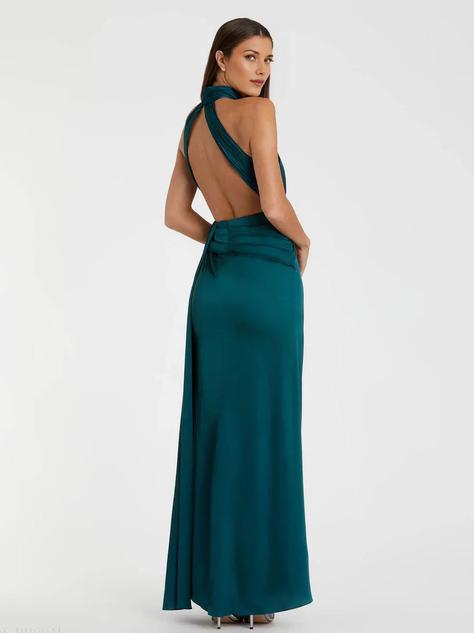 Teal satin halter back view sheath dress with ruched waist and side slit, long