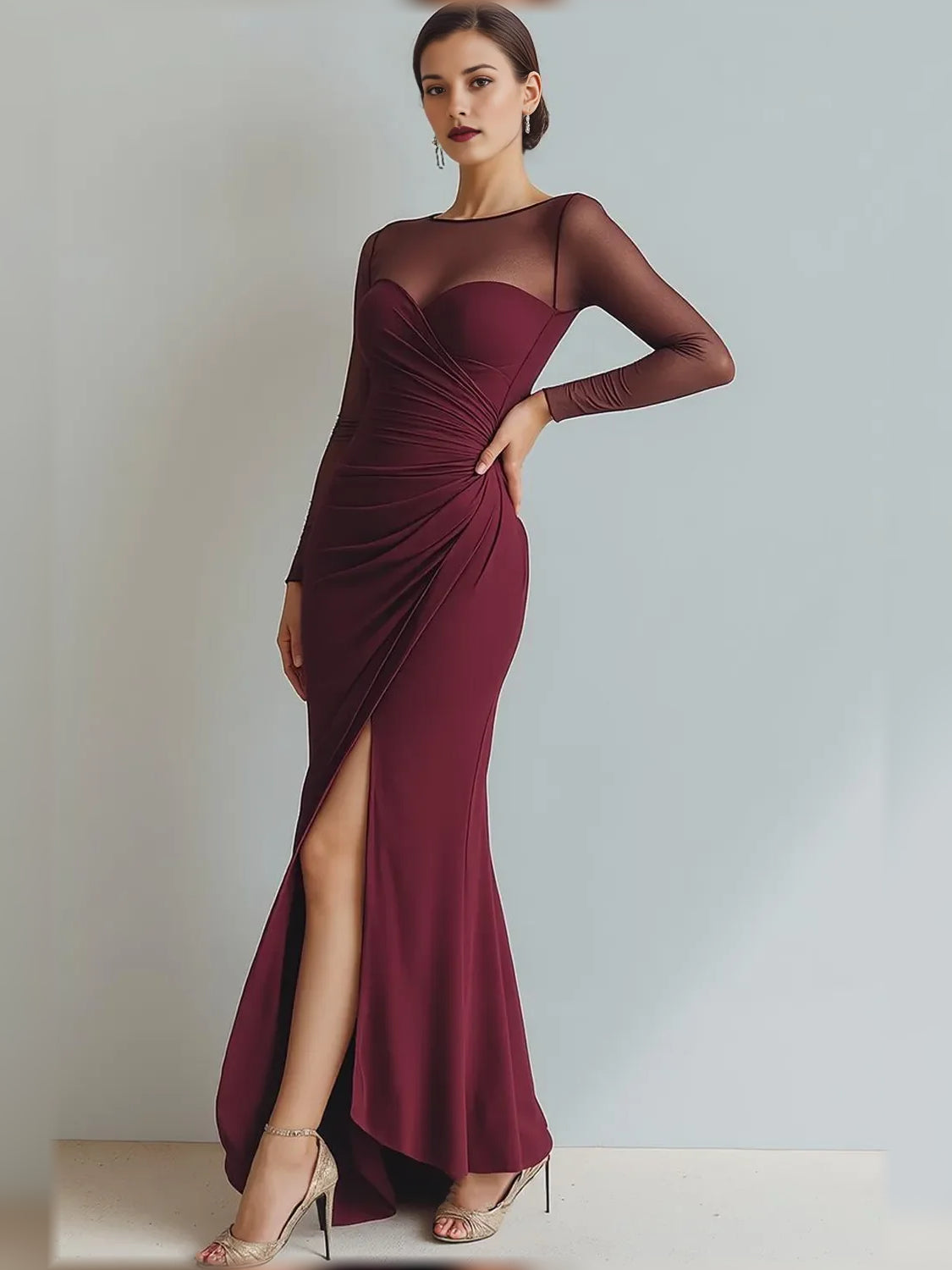 Burgundy sweetheart ruched floor-length formal dress with sheer long sleeves and front slit