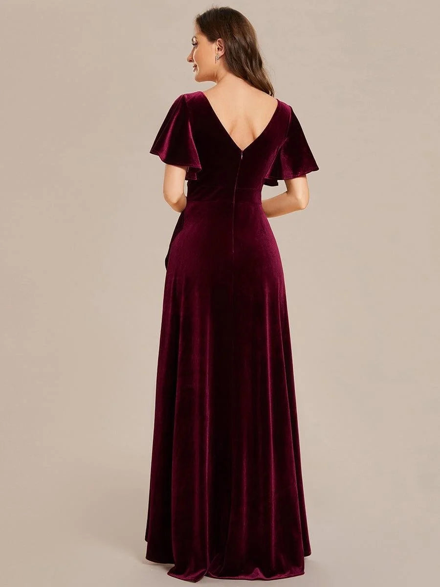 Burgundy velvet V-back A-line dress with short ruffled sleeves and floor length hem