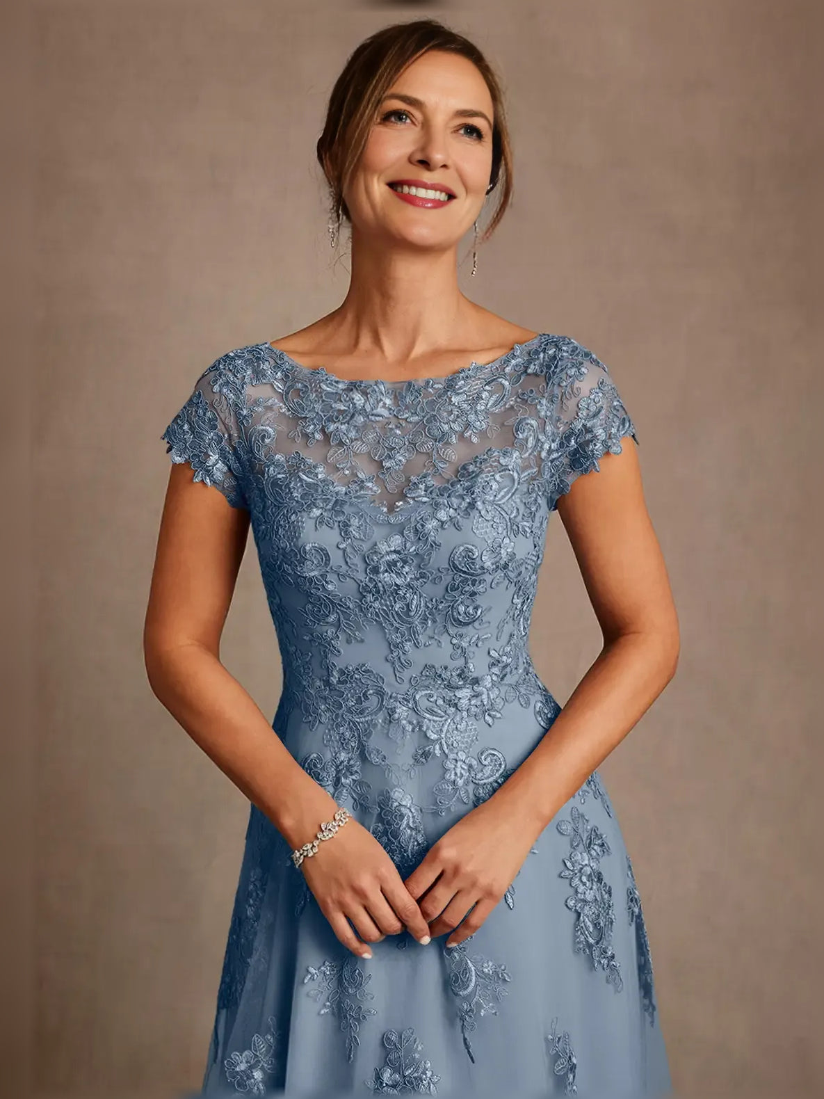 Embroidered illusion-neck A-line midi dress in slate blue, close-up of lacey neckline and bodice