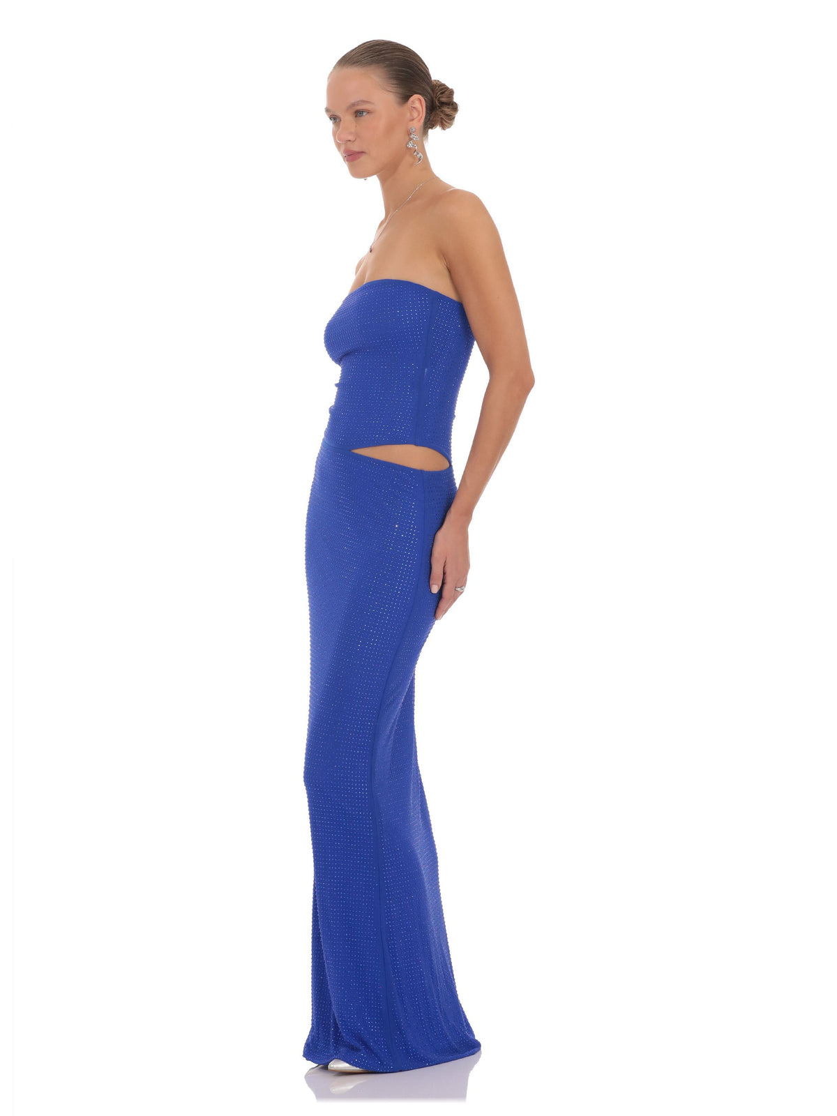 Blue bridesmaid dress with structured woven fabric construction and maxi hem