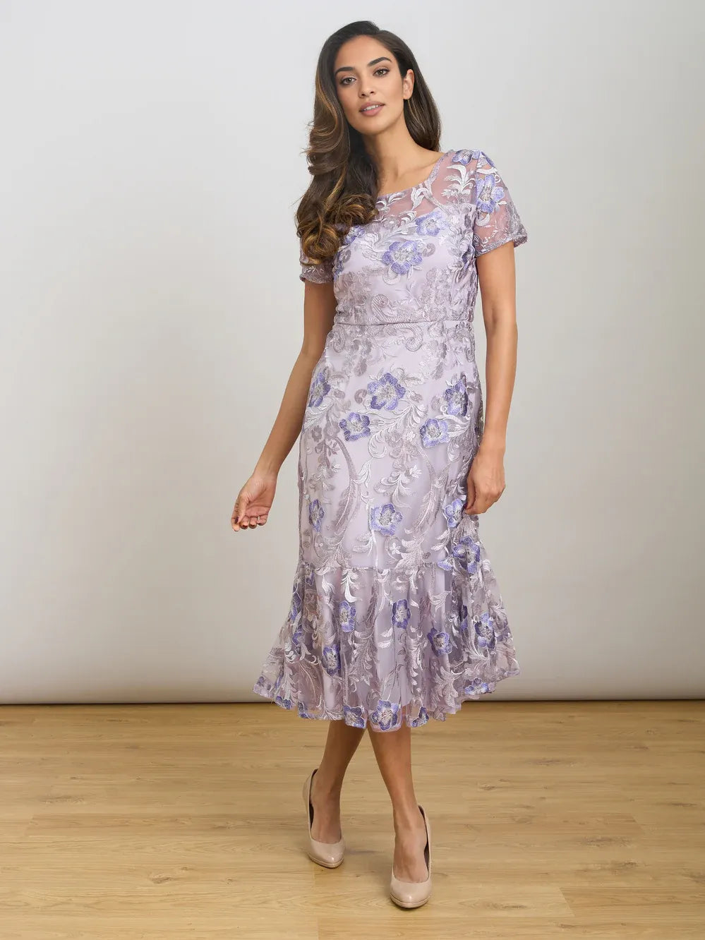 Lavender floral embroidered square-neck midi dress with short puff sleeves and ruffle hem