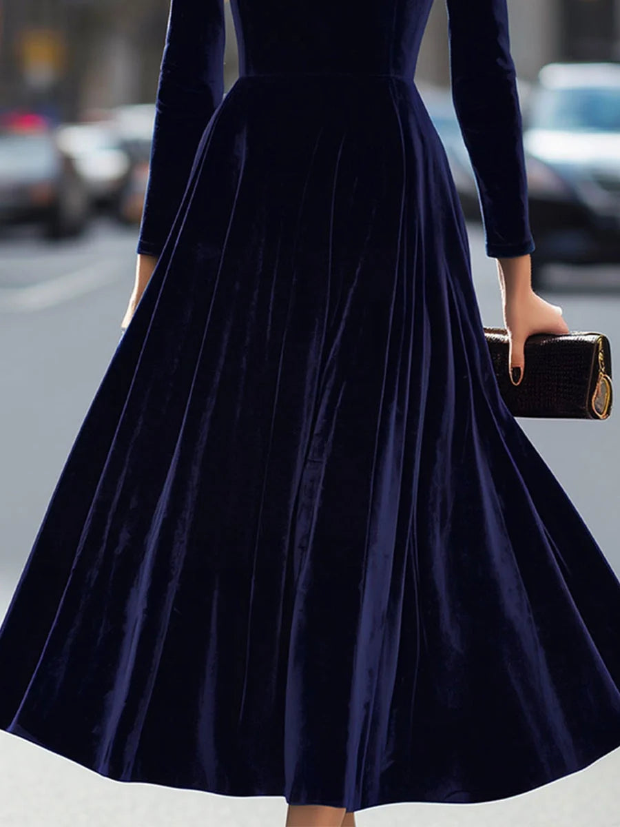 Navy blue velvet A-line midi skirt with pleated flare