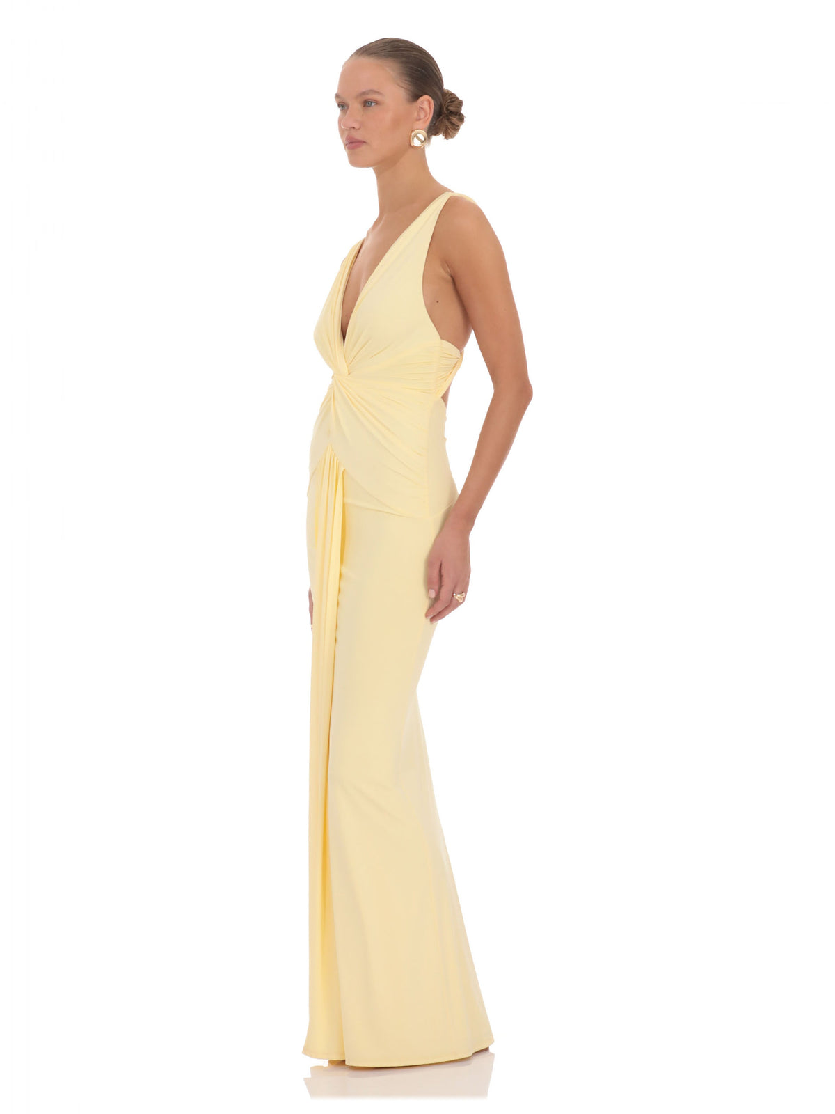 Butter Yellow bridesmaid dress with structured woven fabric construction and maxi hem