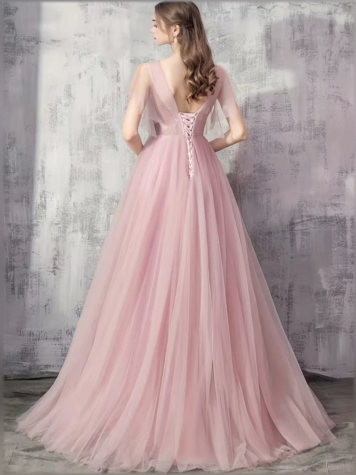 Blush pink off-shoulder A-line formal dress with short sheer sleeves and embroidered lace front