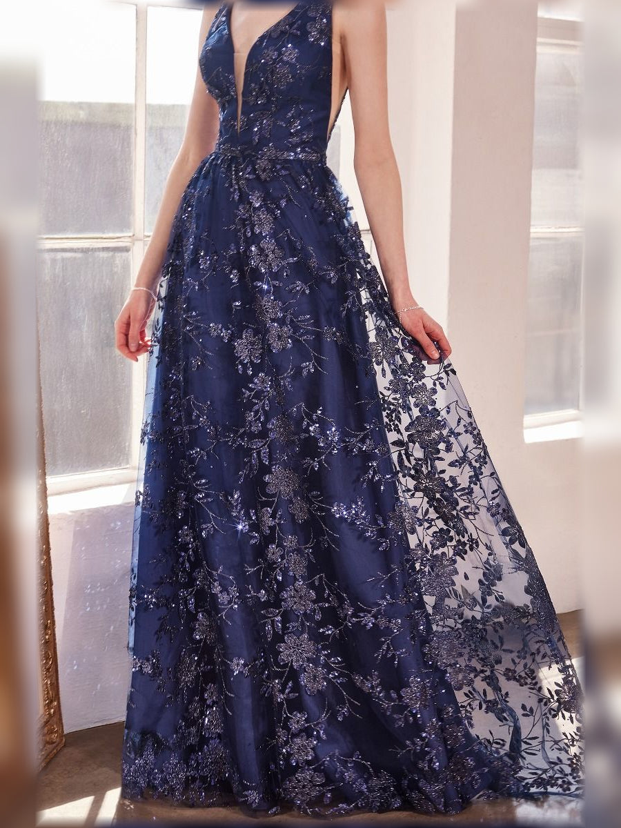 Floral V-neck A-line formal dress in dark blue with sleeveless bodice and long skirt