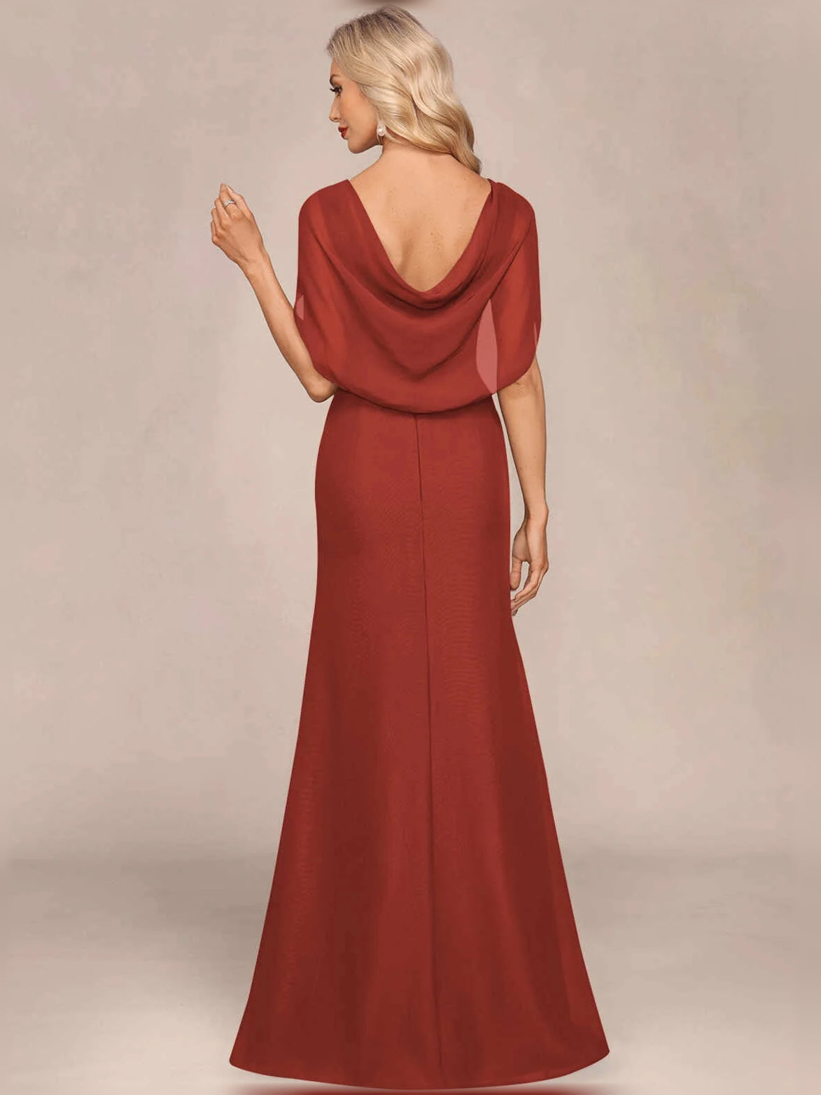 Women's dark red draped V-neck mermaid maxi dress with front slit and cowl-back