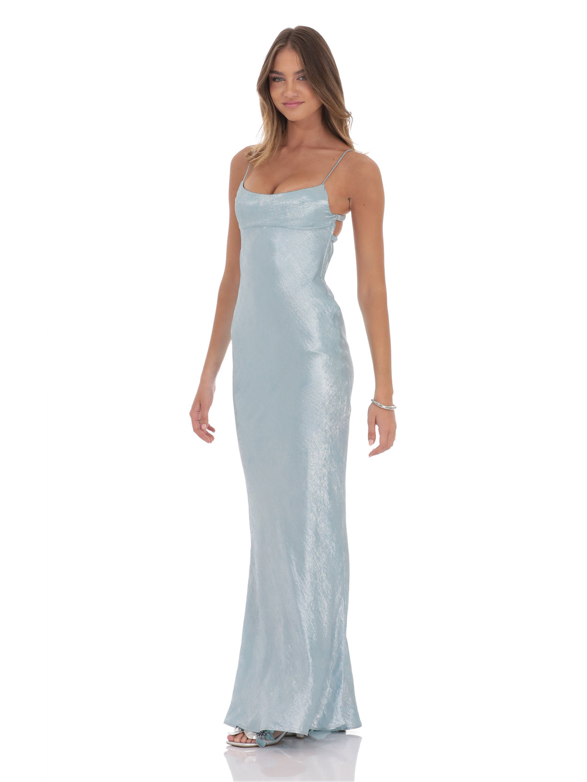Sky Blue bridesmaid dress with satin construction and maxi hem