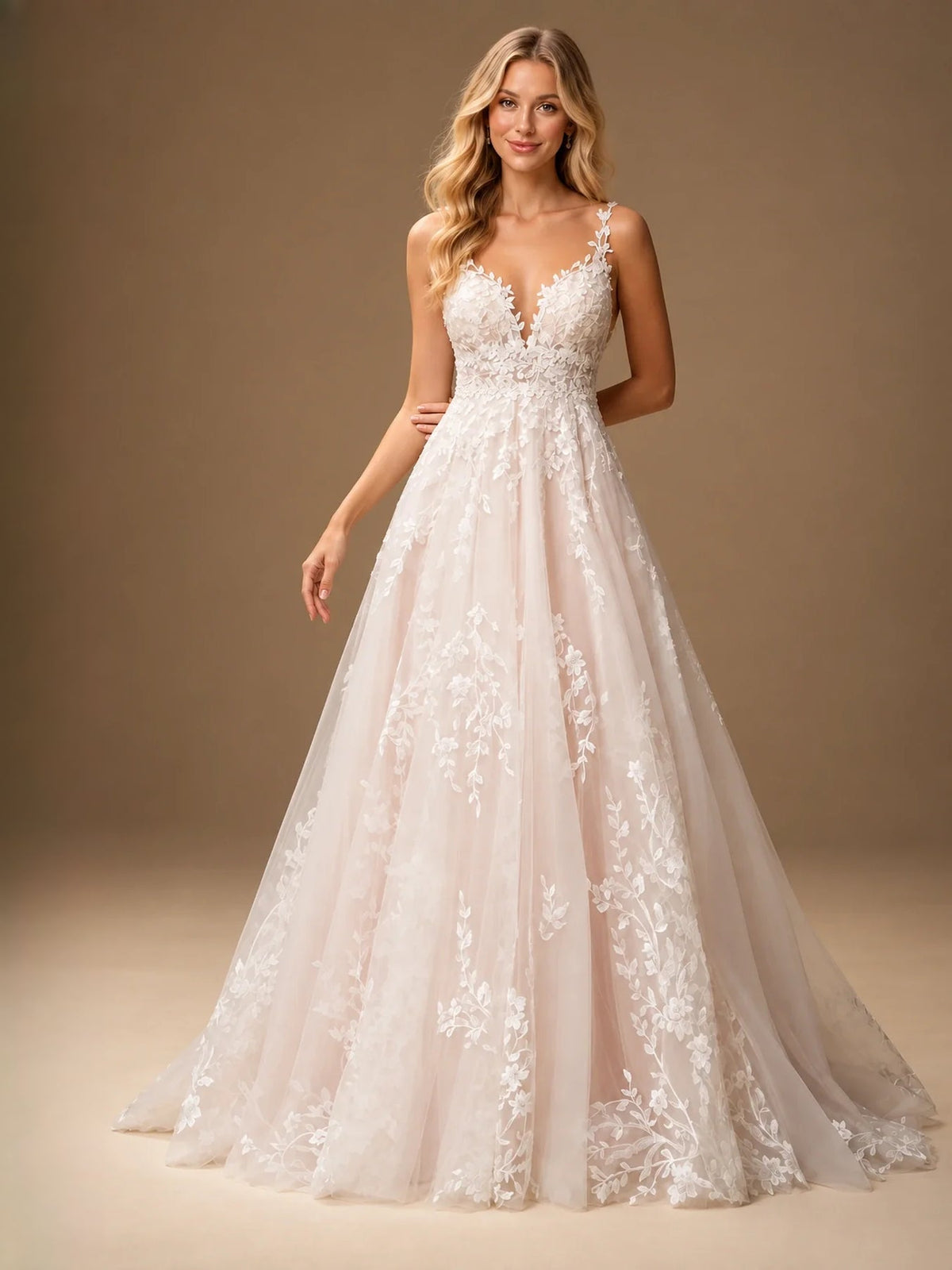 Ivory tulle A-line wedding dress with sleeveless floral lace V-neck bodice