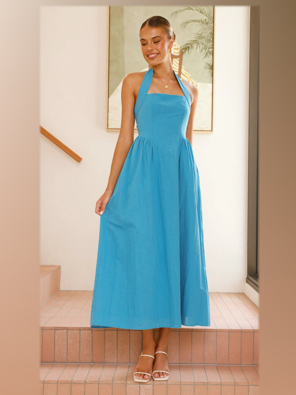 Blue midi formal dress, alternate full-length view showing the waistline