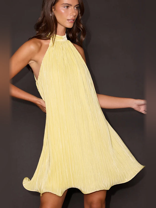 Light yellow high-neck sleeveless mini satin dress, pleated skirt with wide flare