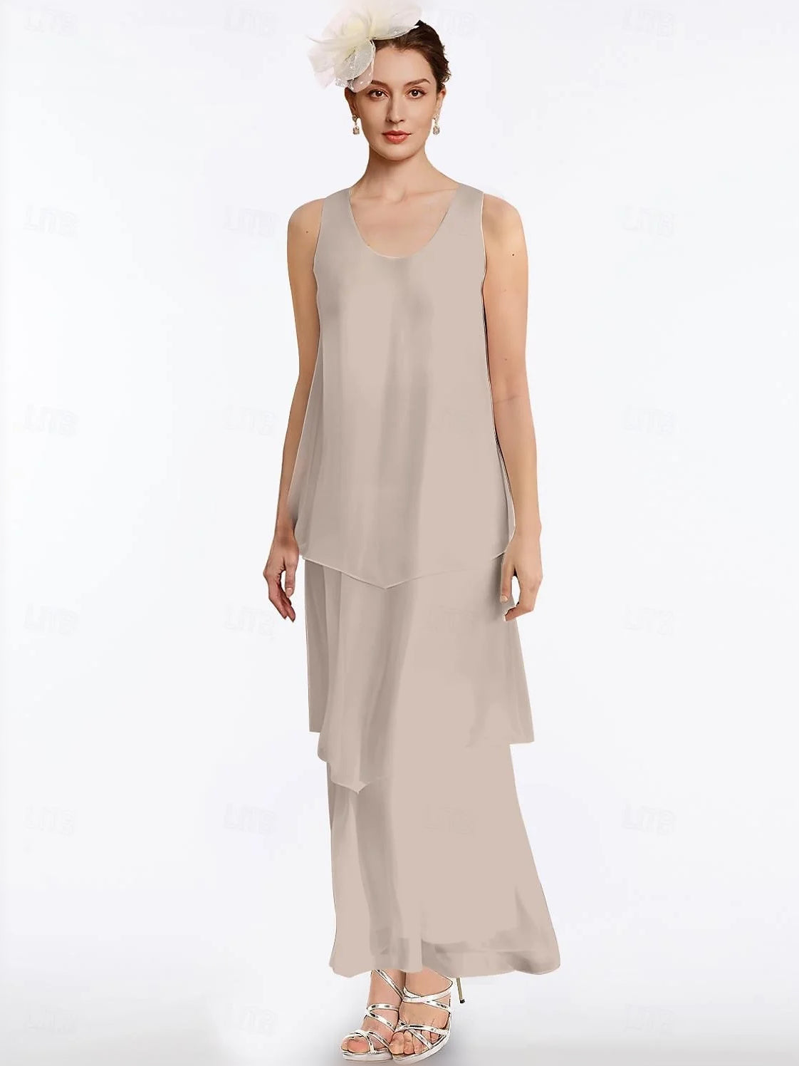 Layered scoop-neck A-line maxi chiffon dress in light khaki, sleeveless overlay