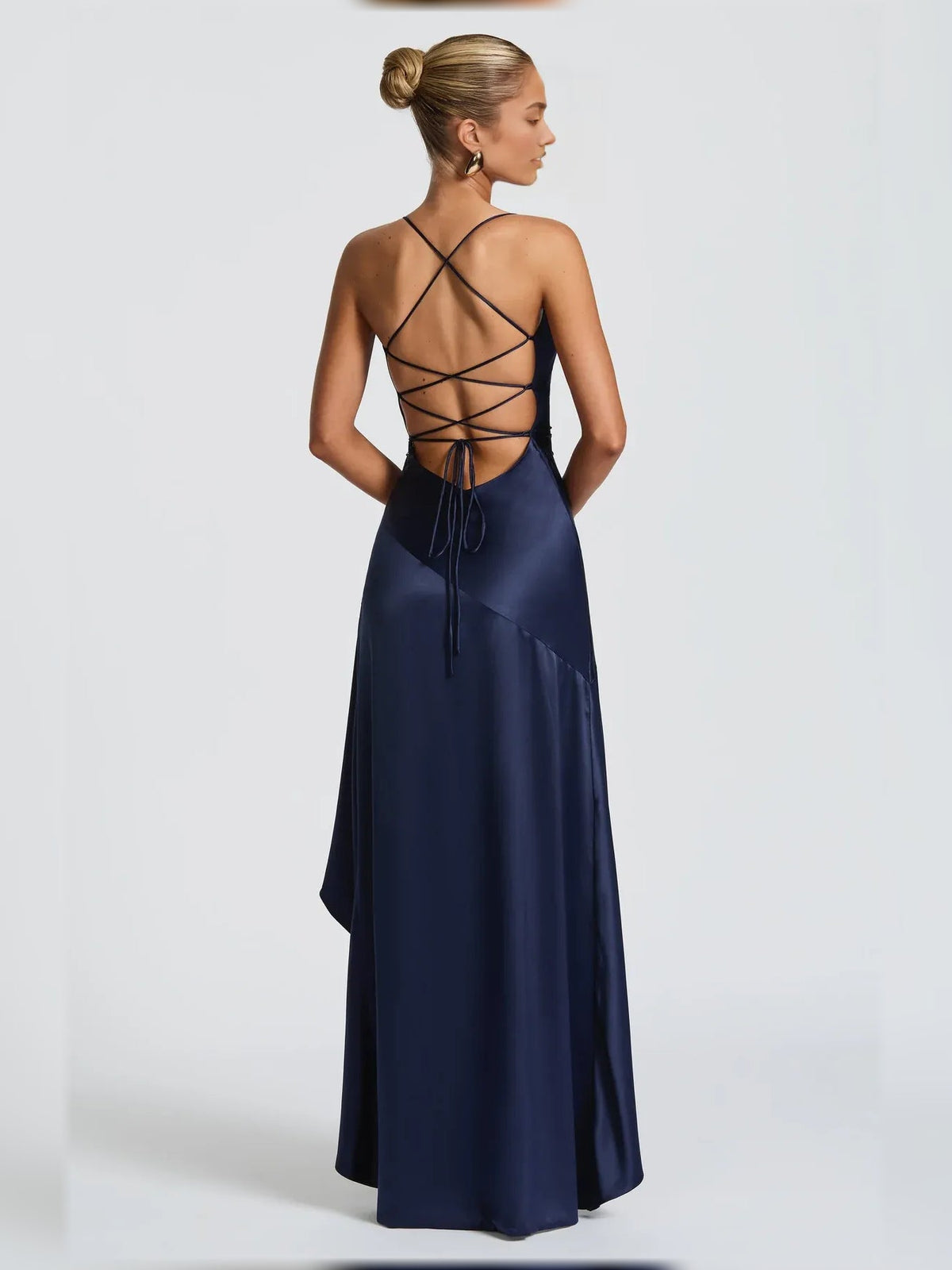 Navy formal sheath dress from back: cowl front, open crisscross straps, long hem