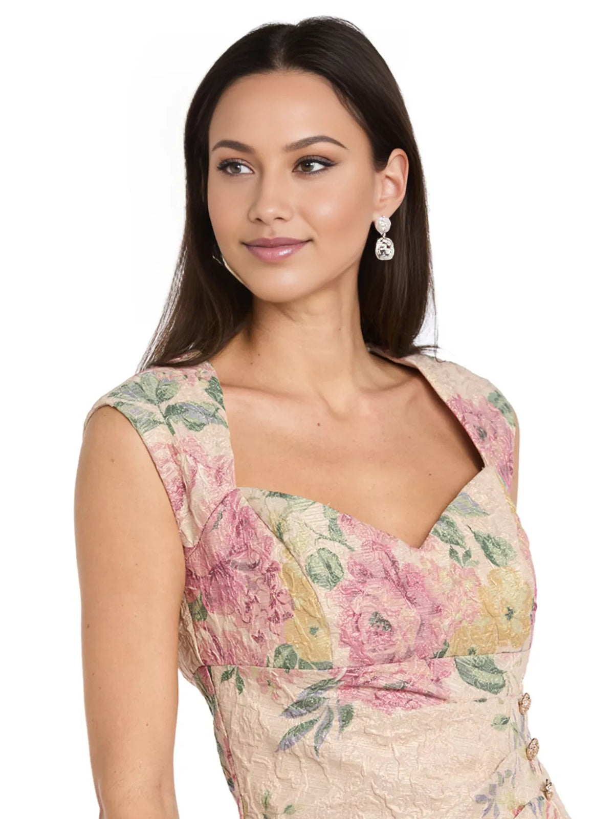 Sweetheart neckline floral sheath dress close-up, sleeveless beige with pink roses and green leaves