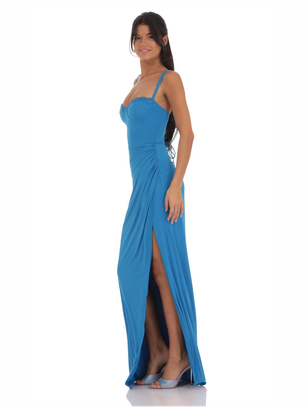 Bright Blue sheath maxi formal dress with skirt slit, alternate view