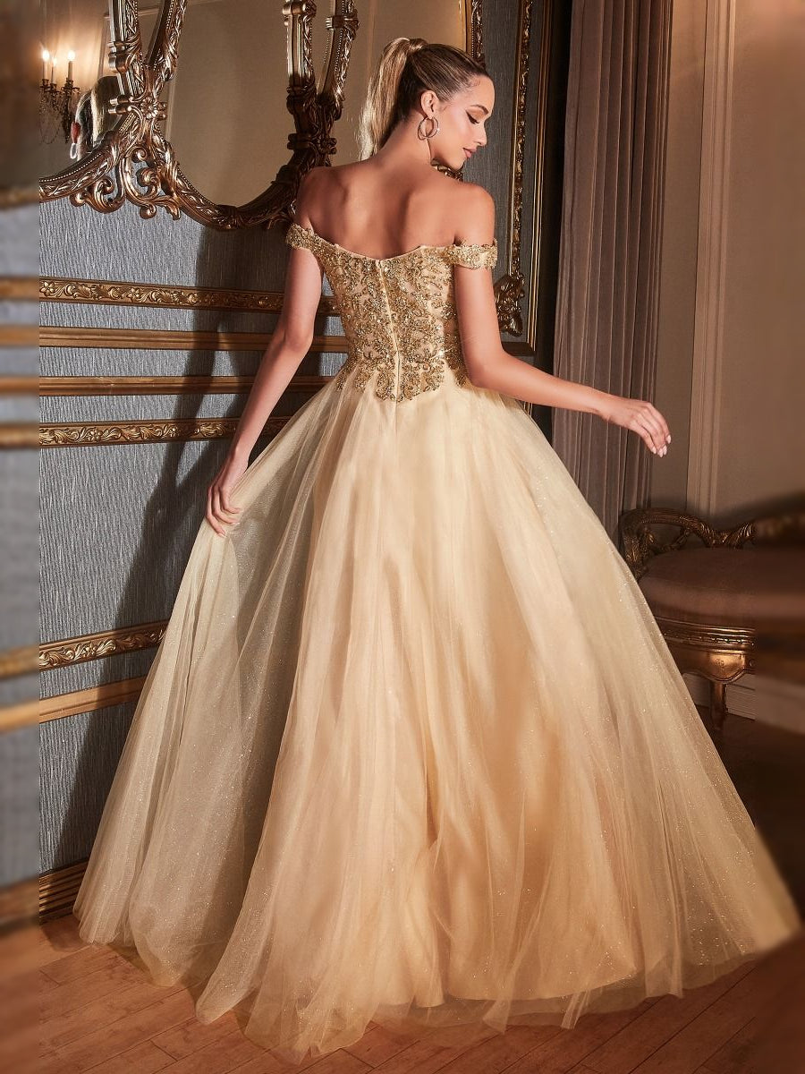 Champagne off-shoulder A-line prom dress with embroidered bodice and full tulle skirt