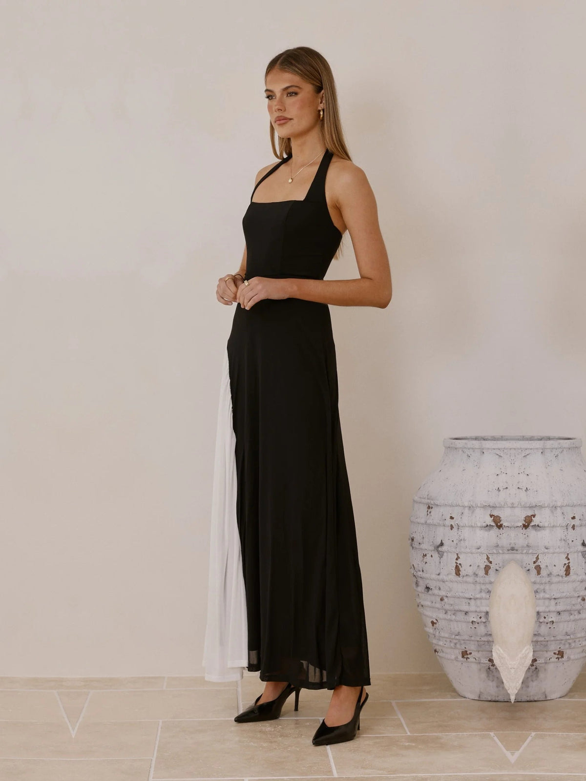 White sheath maxi formal dress with color-block panels, alternate view showing the bodice