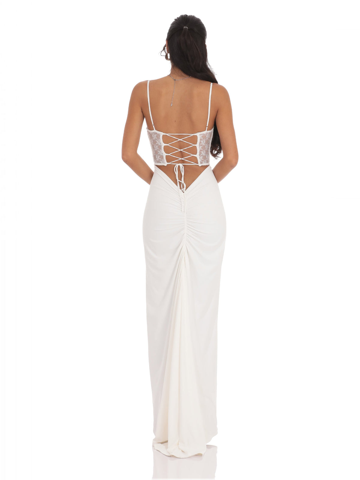 White bridesmaid dress with mesh construction and maxi hem