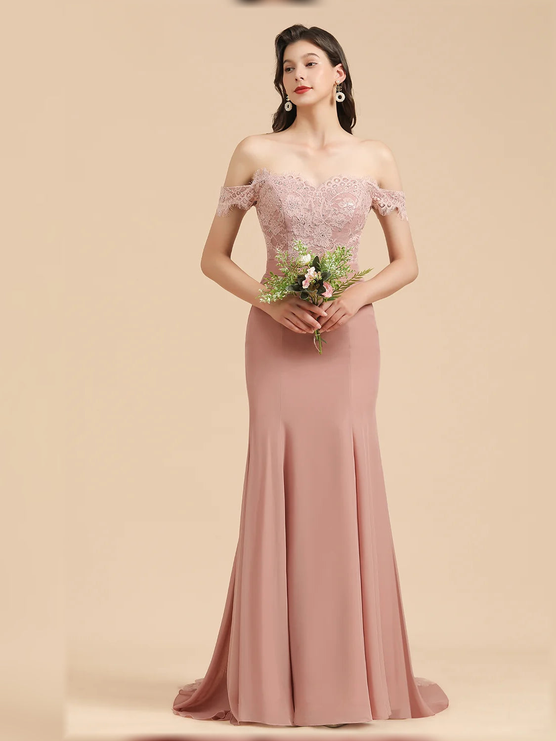 Dusty rose off-shoulder mermaid gown with floral lace overlay and flowing floor hem