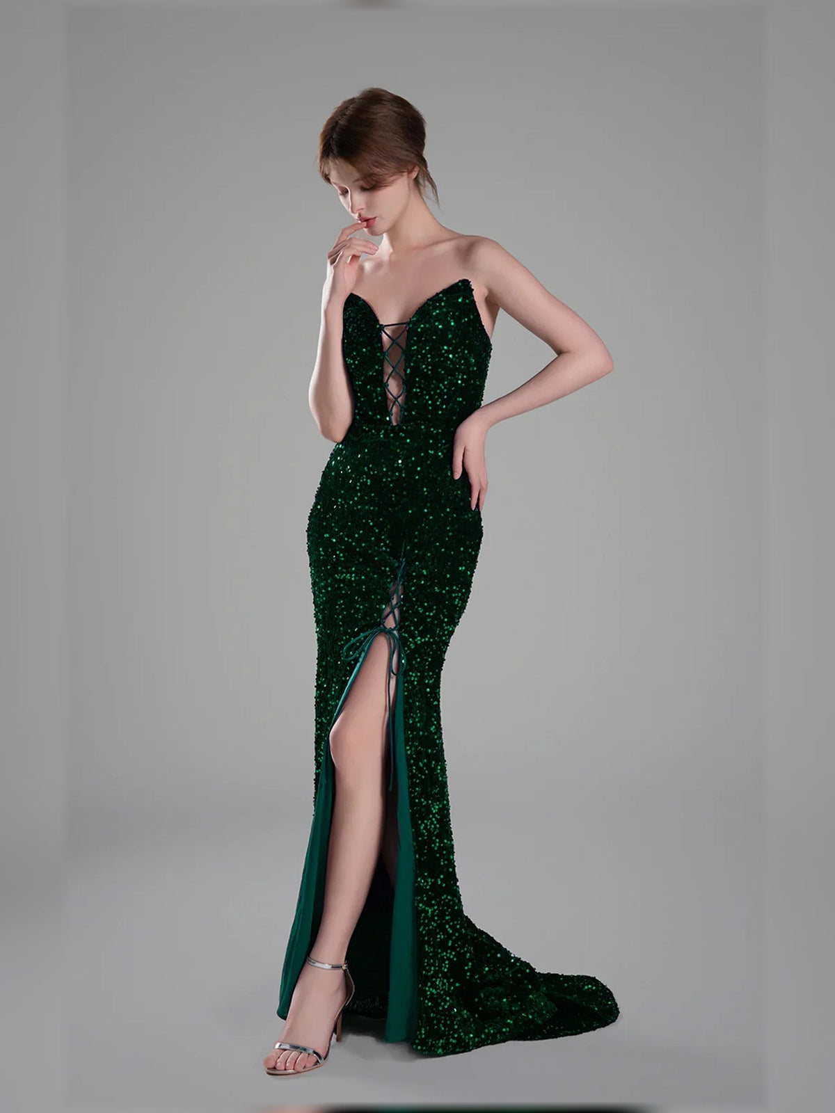 Dark green sequin mermaid formal dress with sweetheart neckline and front slit