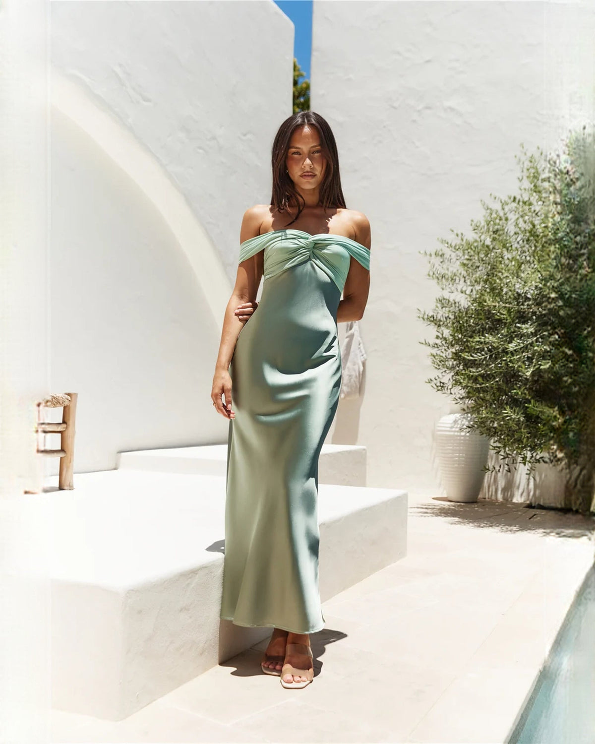 Olive green satin off-shoulder sleeveless maxi dress with gathered twist neckline