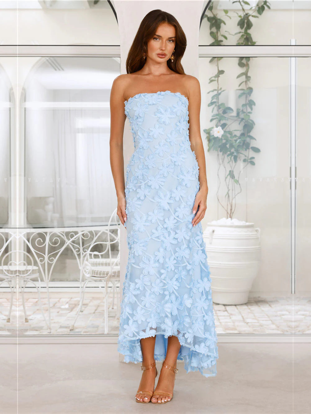 Blue sheath maxi formal dress with floral print, alternate view