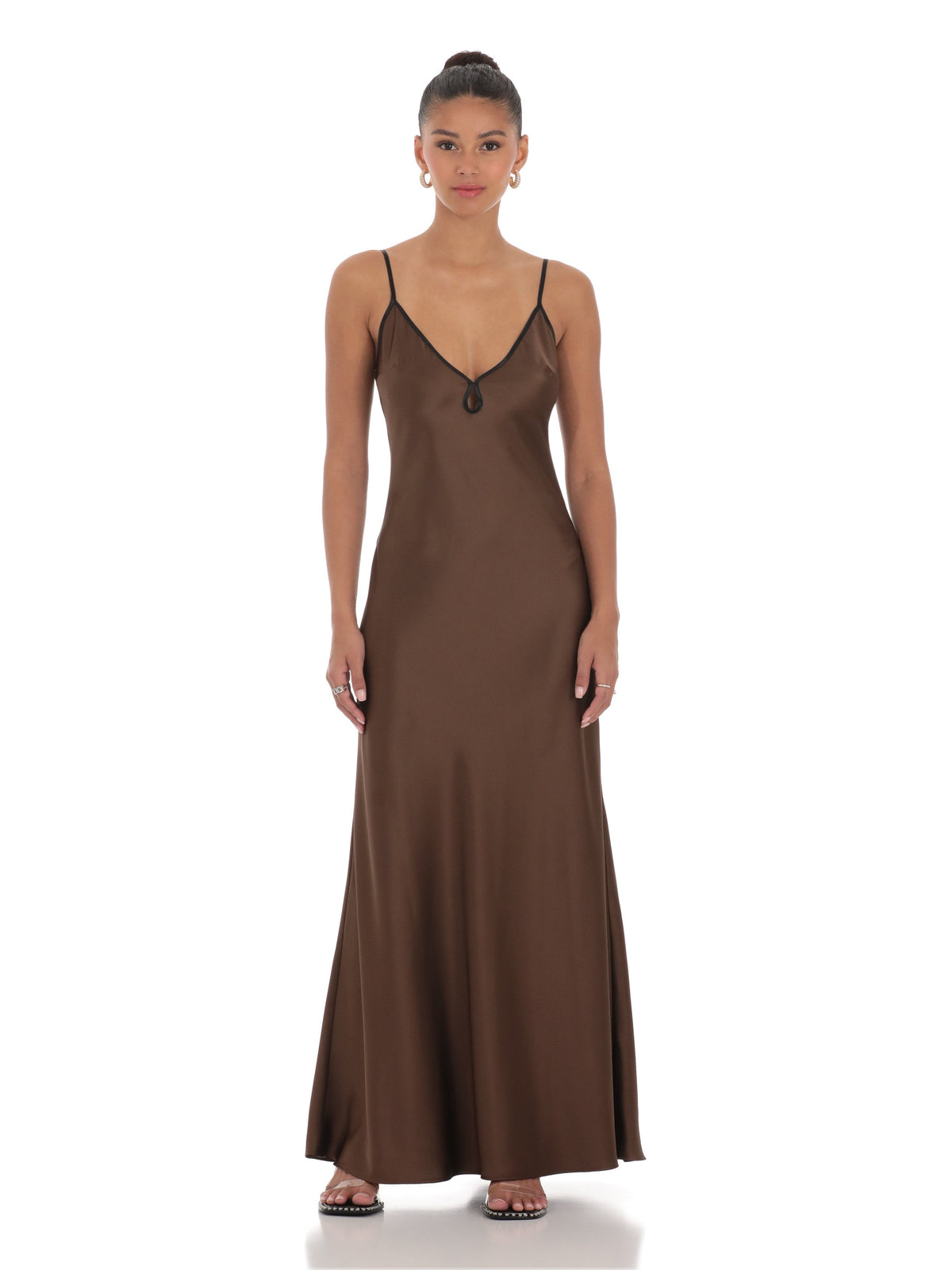 Brown A-line satin maxi dress, spaghetti straps and V-back detail