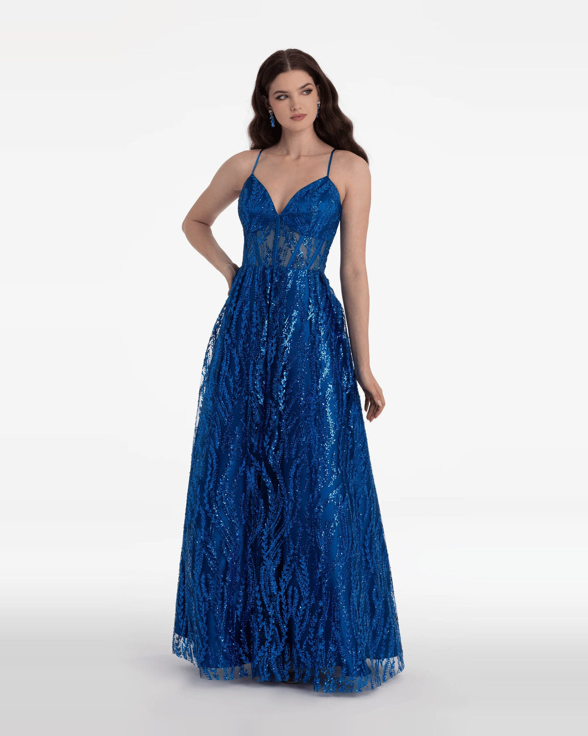 Blue sequin corset sweetheart ball gown with pleated skirt and spaghetti straps