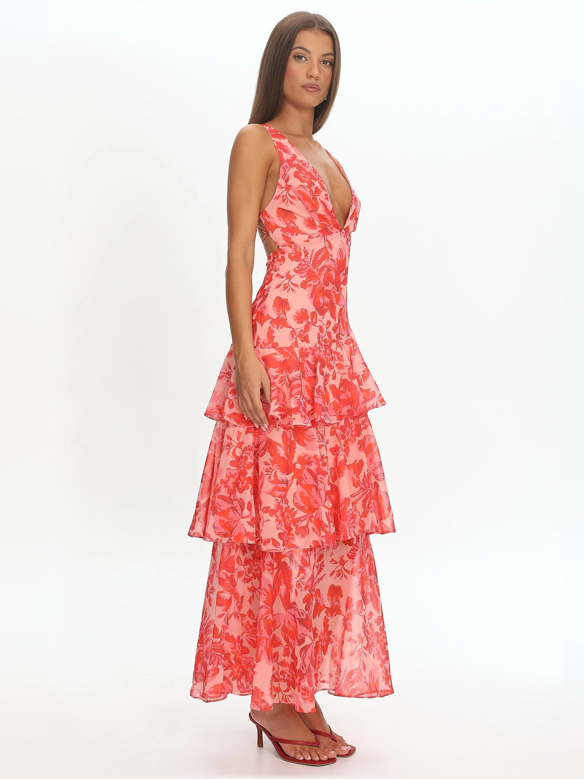 Red floral midi dress with V-neck and cascading tiered ruffles, sleeveless