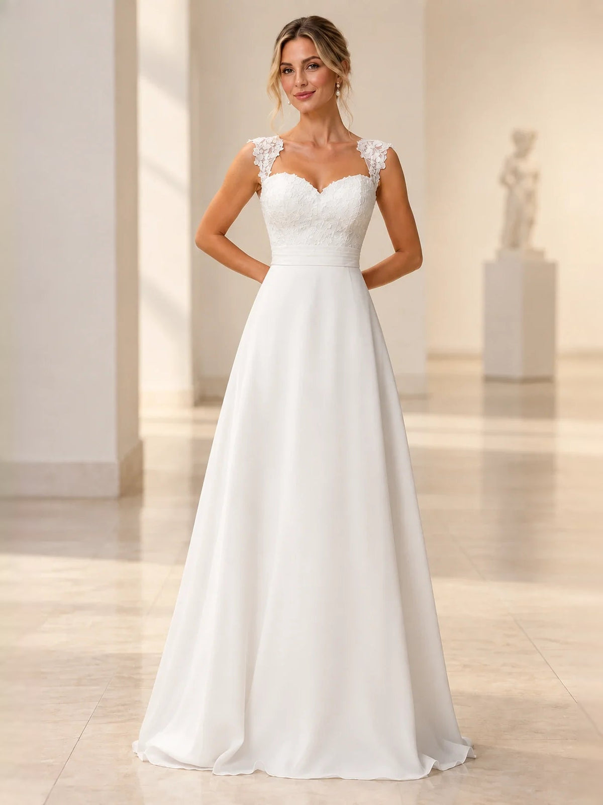 White satin A-line wedding dress with lace cap shoulders and fitted waist