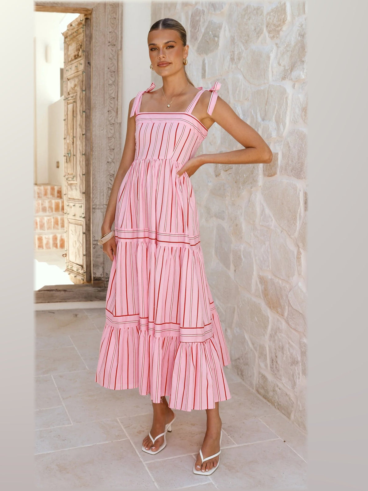 Pink midi formal dress, alternate full-length view showing the waistline